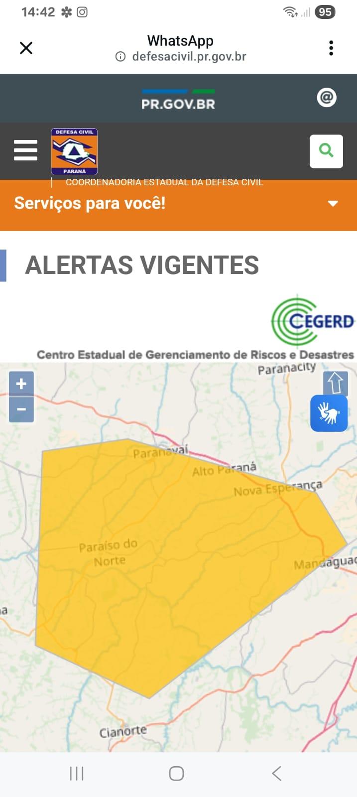 Alerta para chuva forte em Paraíso do Norte e cidades da região