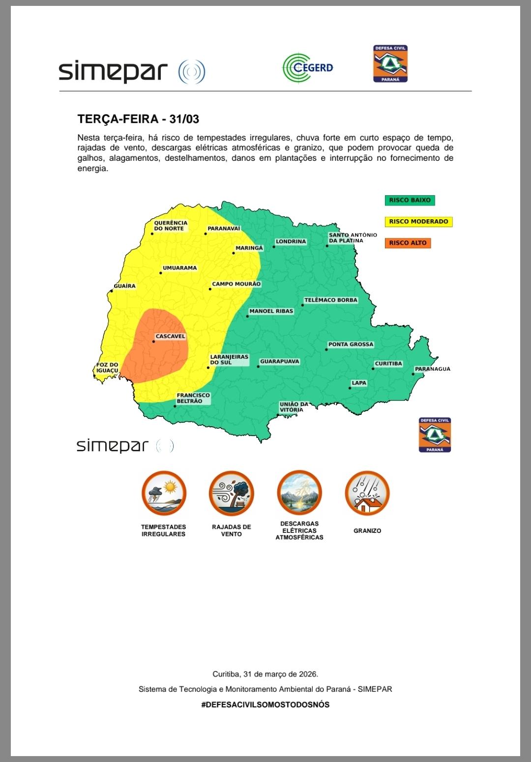 Defesa Civil alerta para possibilidade de chuva forte no Noroeste